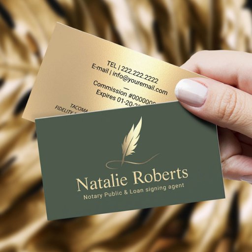 Customizable Notary Signing Agent Sage Green &amp; Gold Quill Logo  Business Card