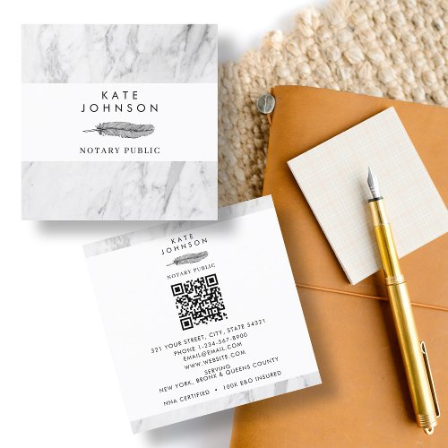 Notary Signing Agent White Marble Quill Logo Square Business Card