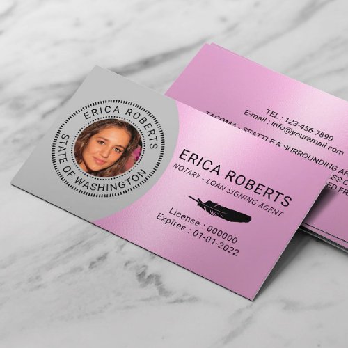 Notary Stamp Loan Signing Agent Pink Photo Busines Business Card