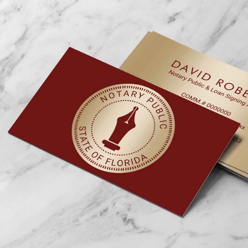 Notary Stamp Loan Signing Agent Red  Gold Business Card