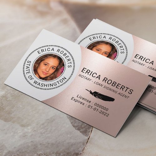 Notary Stamp Loan Signing Agent Rose Gold Silver Business Card