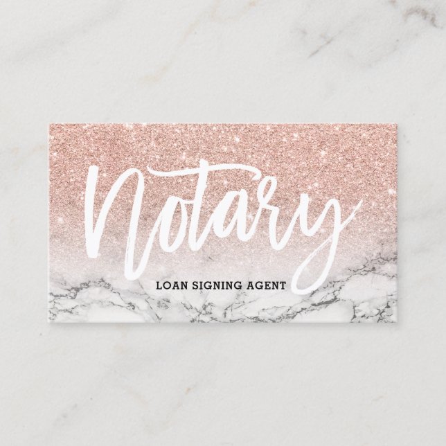 Notary typography rose gold glitter marble business card (Front)