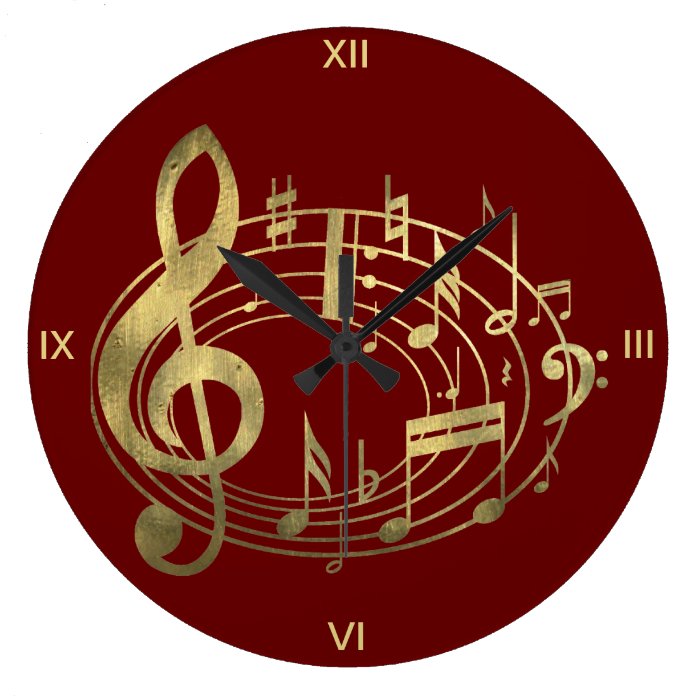Notas musicales de oro en forma oval en rojo reloj de