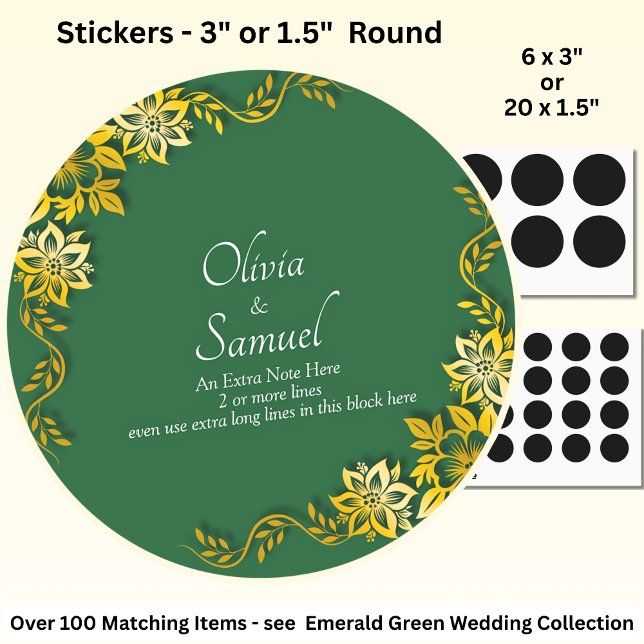 Note + Bride Groom Names Emerald Green & Gold Classic Round Sticker (Creator Uploaded)