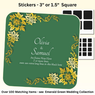 Note + Bride Groom Names Emerald Green & Gold Square Sticker