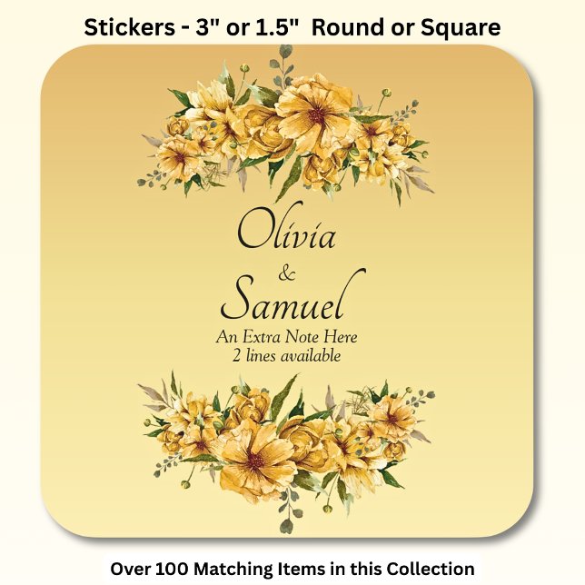 Note + Bride & Groom Names Golden Yellow Flowers Square Sticker (Creator Uploaded)