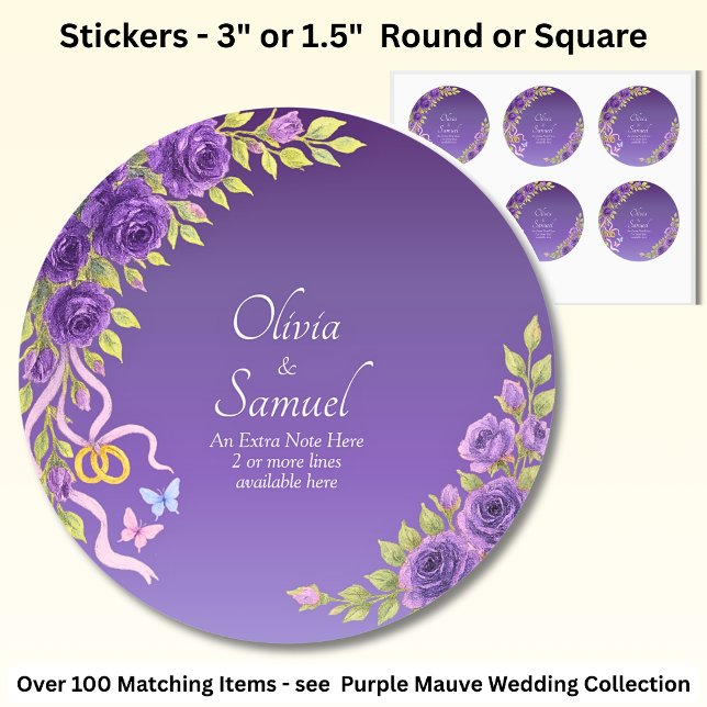 Note + Bride Groom Names Purple Mauve Flowers Classic Round Sticker (Creator Uploaded)