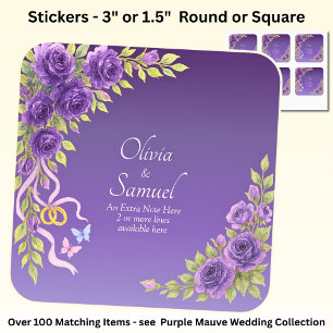 Note + Bride Groom Names Purple Mauve Flowers Square Sticker