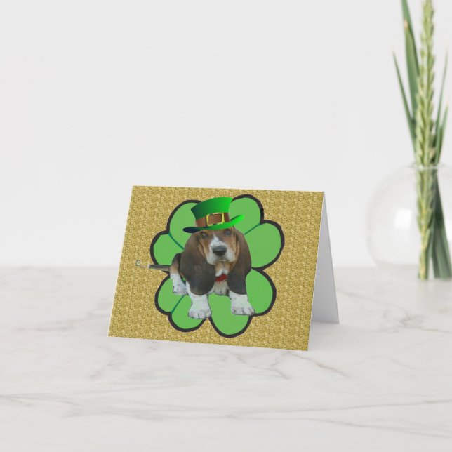 Note Card Basset Hound Happy St.Patrick's Clover (Front)