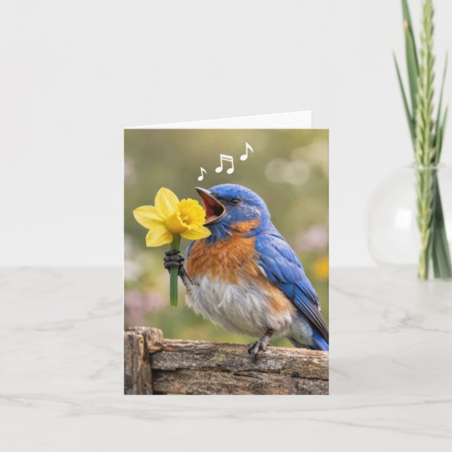 Note Card Bluebird Singing with a Yellow Daffodil (Front)