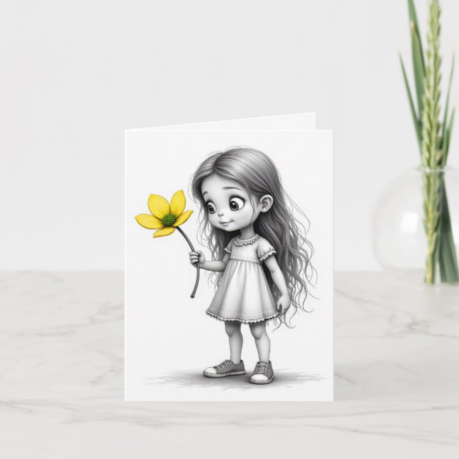 Note Card Chibi Child With Yellow Flower (Front)