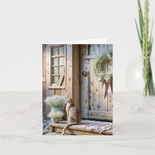 Note Card Farmhouse Cat With Baby's Breath Wreath