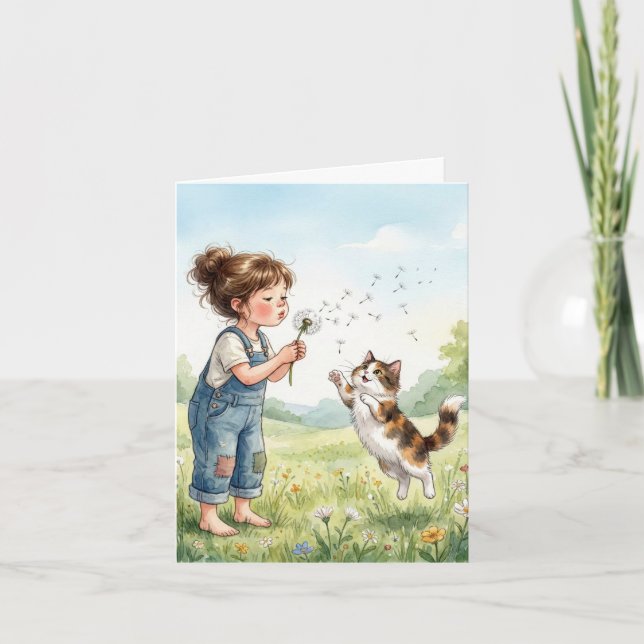 Note Card Girl Blowing Dandelion Seeds with Cat (Front)