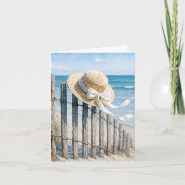 Note Card Summer Hat On a Beach Fence (Front)