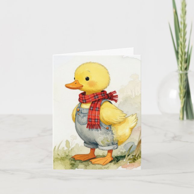 Note Card Watercolor Duck In Overalls (Front)