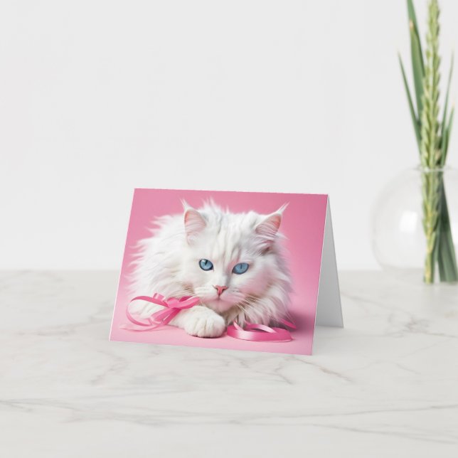 Note Card White Cat With Ribbons (Front)