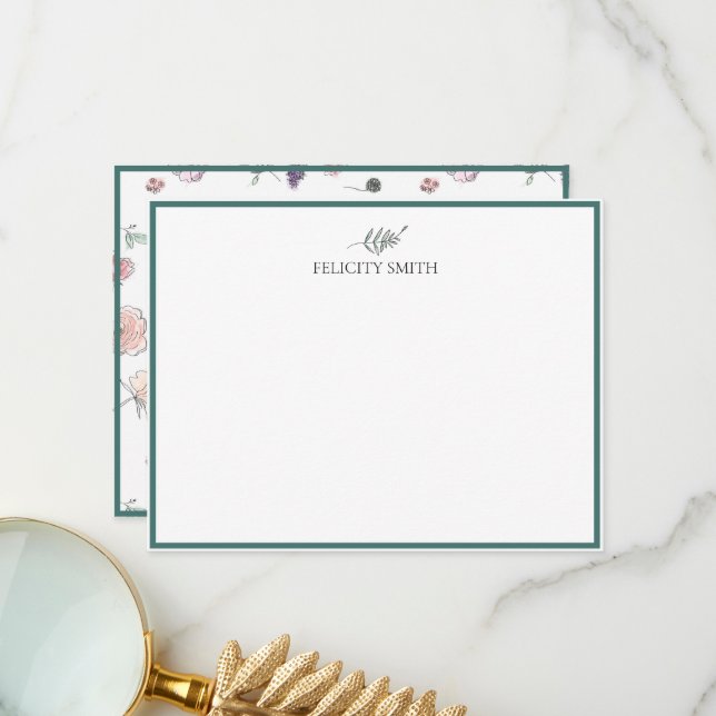 Note Cards Elegant Flat Modern Botanical Add Name (Front/Back In Situ)