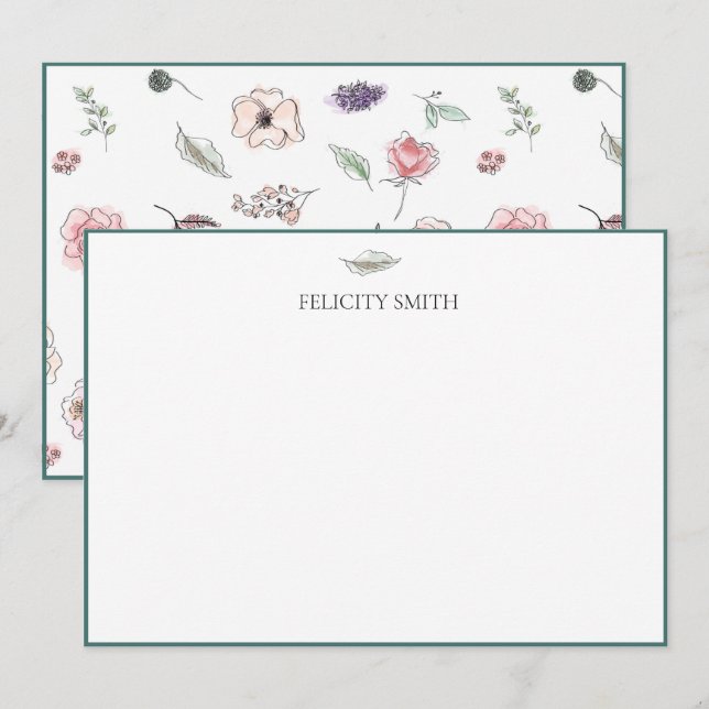 Note Cards Elegant Flat Modern Botanical Green (Front/Back)