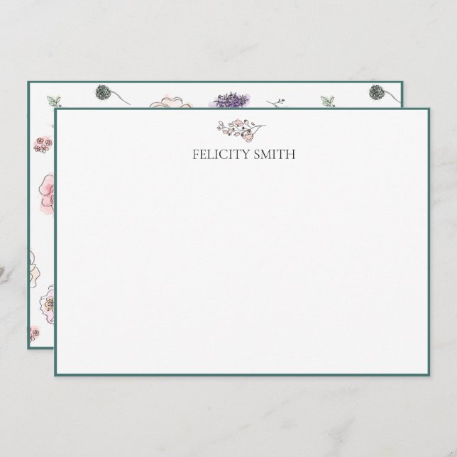 Note Cards Elegant Flat Modern Botanical Pink (Front/Back)