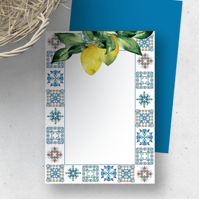 Note Cards Lemons with Blue Amalfi Tile Pattern (Note cards feature lemon and Amalfi tile inspired art by Victoria Grigaliunas of Do Tell A Belle.)