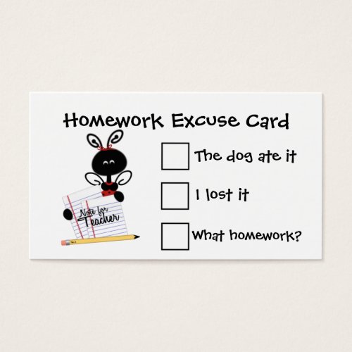Note for Teacher Homework Excuse Cards Business Card Template