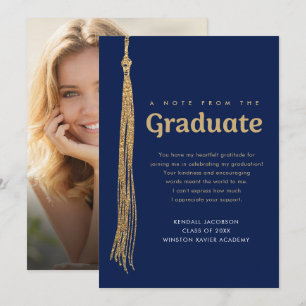 Note from graduate photo Blue & Gold Tassel  Thank You Card