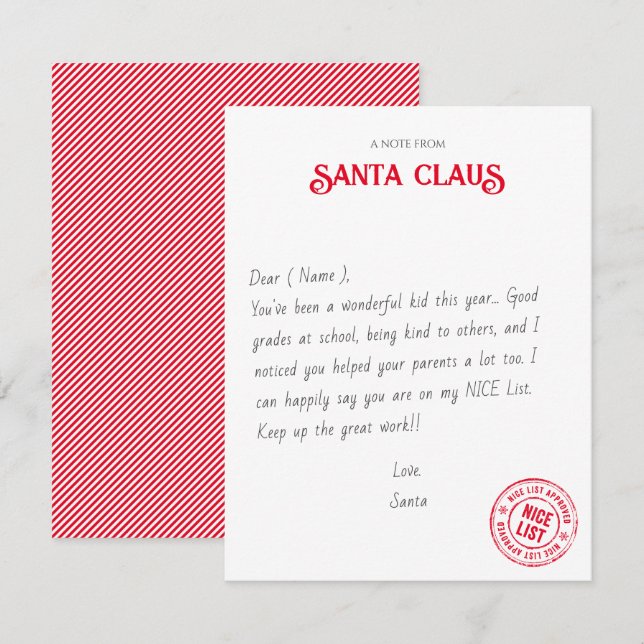 Note From Santa Claus Official NICE List Approved Card (Front/Back)