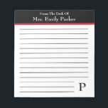 Note From The Desk Of ~ Personalized<br><div class="desc">Perfect gift of red,  black and white for any man or woman,  a handy note pad with lines that reads From The Desk Of and their name. In the corner is their initial</div>