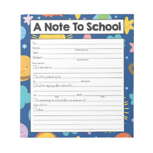 Note to Teacher Notepad, School Absence Excuse
