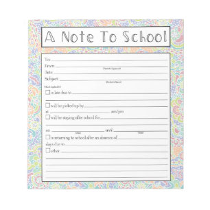 Note to Teacher Notepad, School Absence Excuse