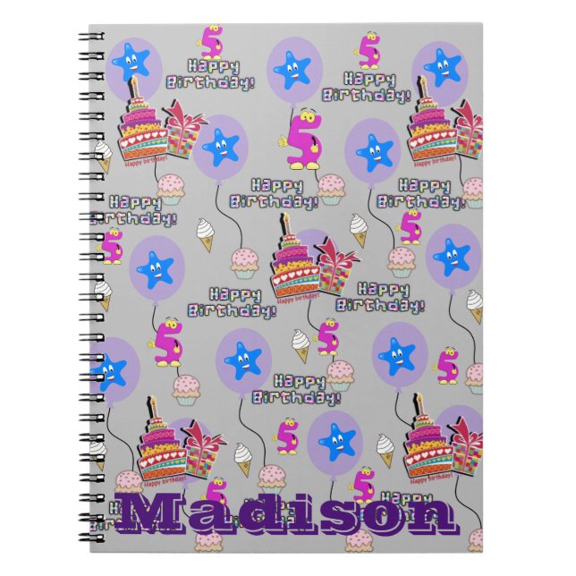 Notebook, #5 Happy 5th Birthday Notes Gray Notebook (Front)
