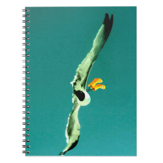 Notebook and seagull with rain boots