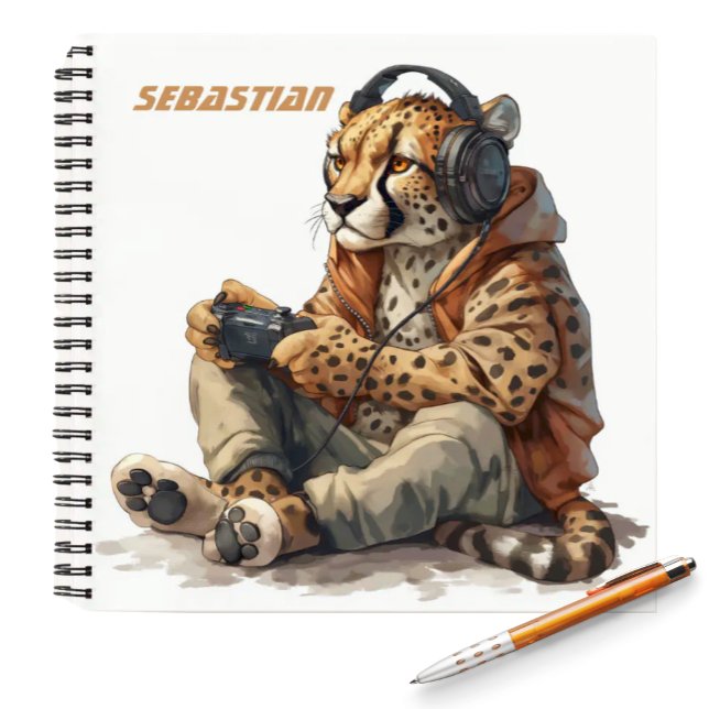 Notebook for Kids Gamer Cheetah (Funny Cheetah wearing headphones and a hoodie playing video games kids personalized notebook)