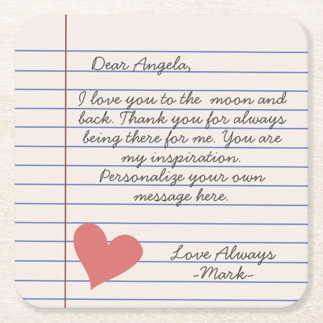 Notebook handwritten love letter or message     square paper coaster (Front)
