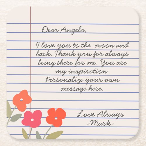 Notebook handwritten love letter or message  square paper coaster