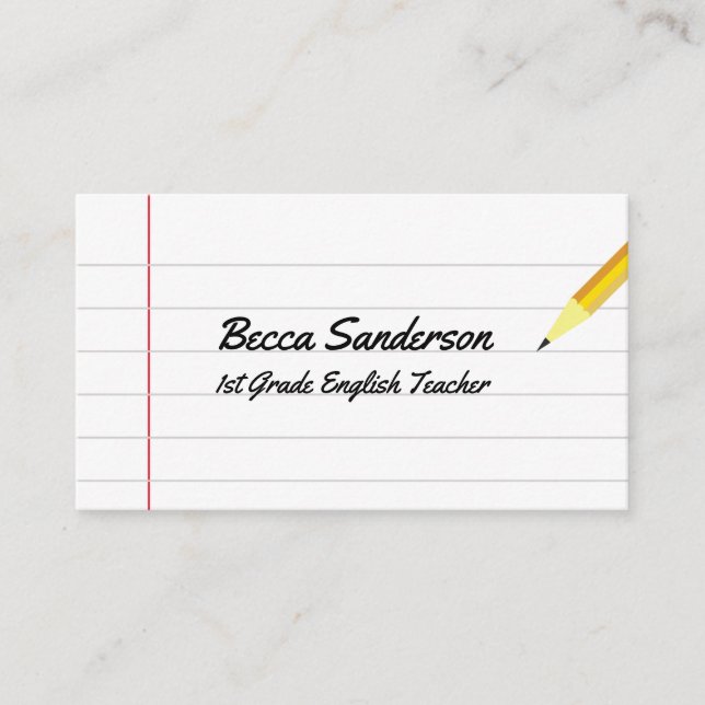 Notebook Paper and Yellow Pencil School Teacher Business Card (Front)