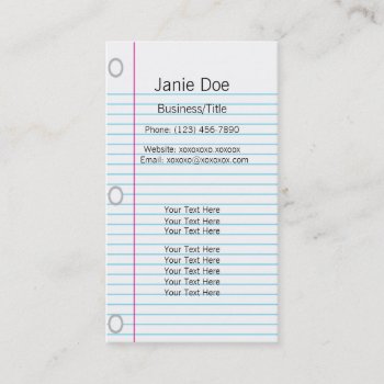 Notebook Paper Business Card by rdwnggrl at Zazzle