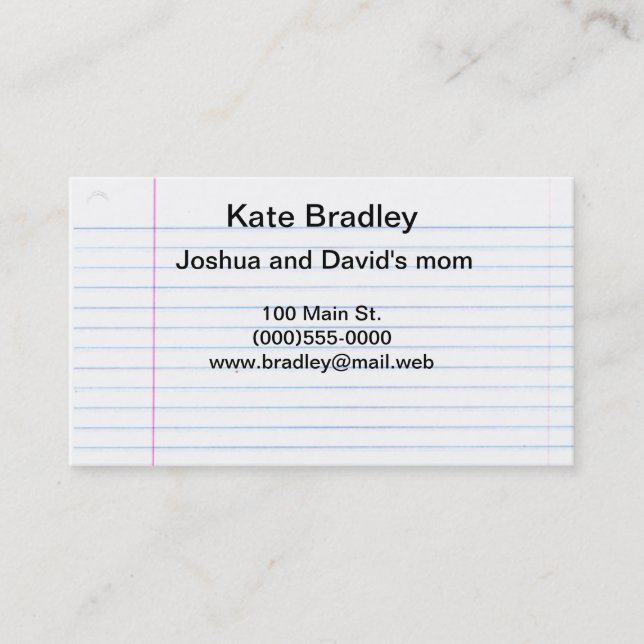 "Notebook Paper" Contact Cards (Front)