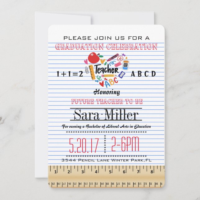 Notebook Paper Teacher Graduation Invitation (Front)