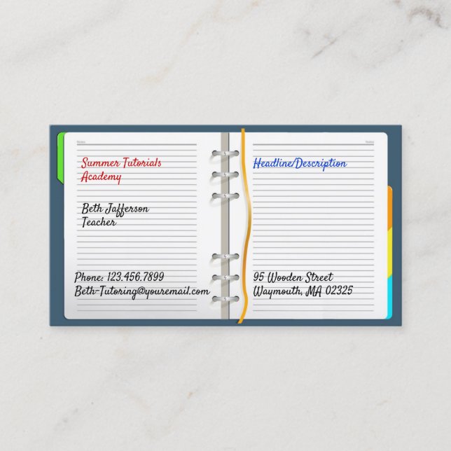Notebook Tutoring Business Card Template (Front)