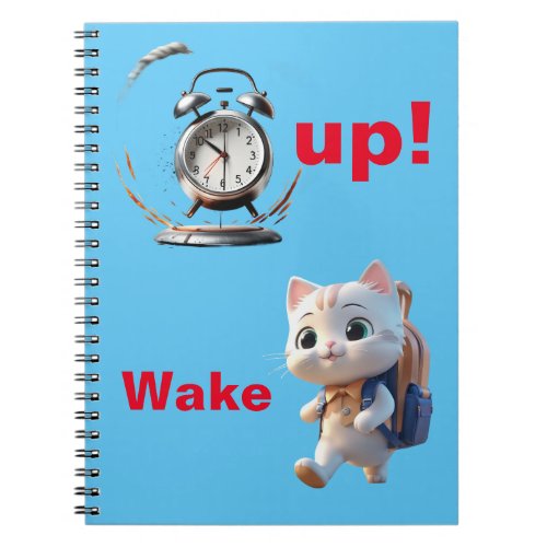 Notebook with ringing alarm clock and cute cat