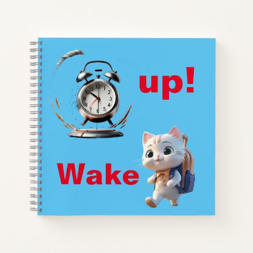 Notebook with ringing alarm clock and cute cat