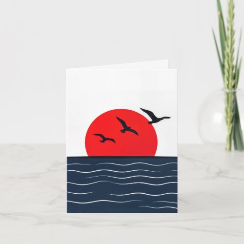 Notecard Seagulls on Red Sun in Ocean