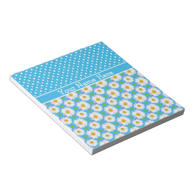 Notepad to Personalize: Polkas, Daisies on Blue (Angled)