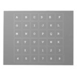 ABC|DEF
 GHIJKL
 M|N|OPQR
 STUVWX
 YZ0123
 456789  Notepads