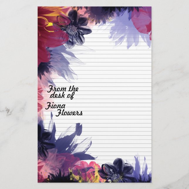 Notepaper Stationery Lined, Dark Colorful Flowers (Front)