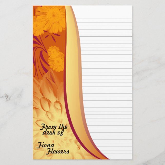 Notepaper Stationery Lined, Orange Yellow Flowers (Front)