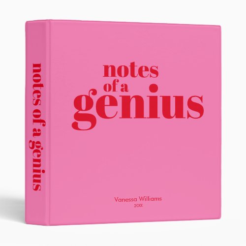 Notes of a Genius Funny Modern Bold Red _ Hot Pink 3 Ring Binder