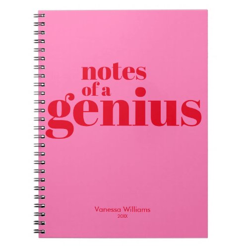 Notes of a Genius Funny Modern Bold Red _ Hot Pink Notebook