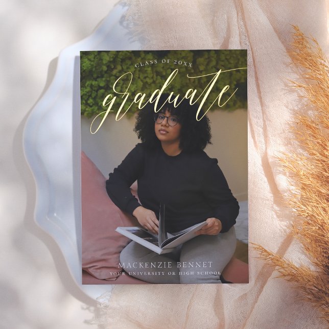 Noteworthy Real Gold Script 2 Photo Graduate Foil Invitation (Creator Uploaded)